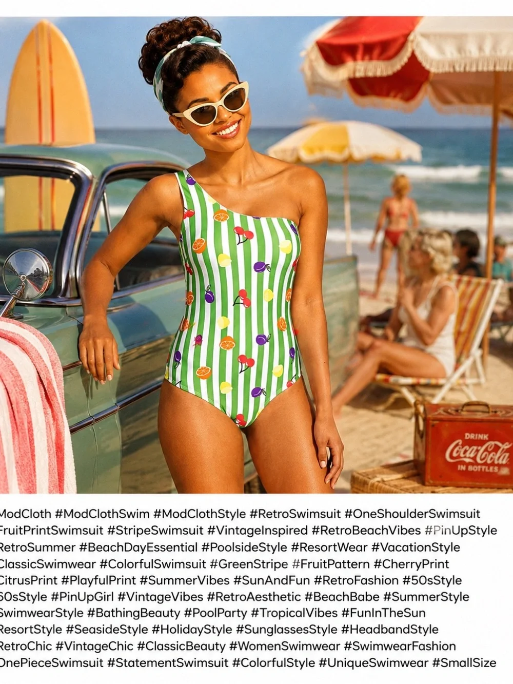 ModCloth retro one shoulder fruit stripe one piece swimsuit size Small
